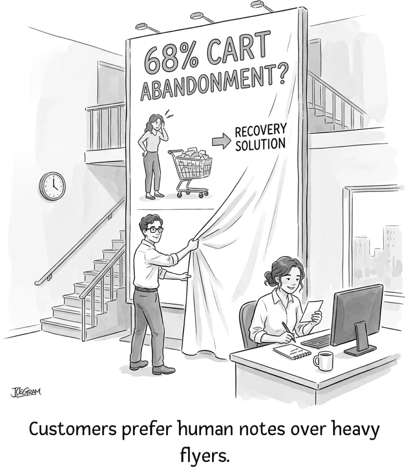 Theo unveils a massive cart abandonment poster while Dana closes a sale with a short note.
