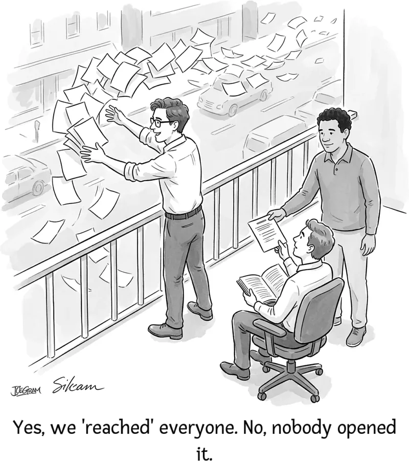 Theo tosses hundreds of identical templates into the wind from a balcony, while Marcus hands one specific template directly to an active reader.
