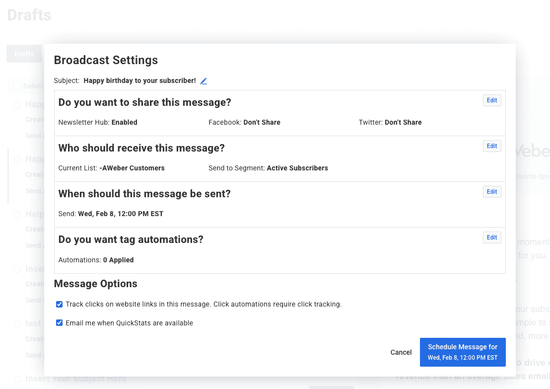 AWeber broadcast settings