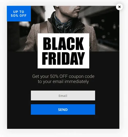 Icegram Engage Black Friday popup offering a 50% off coupon code in exchange for an email address