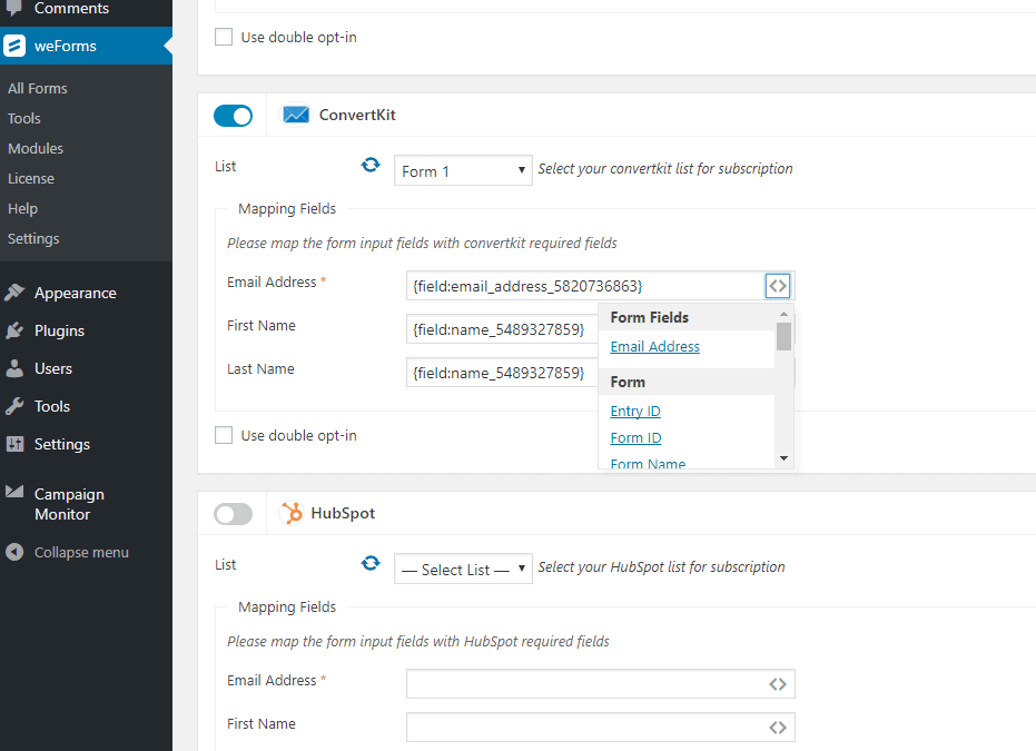 weForms ConvertKit integration settings mapping form fields to ConvertKit list fields