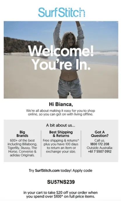 Welcome email from SurfStitch