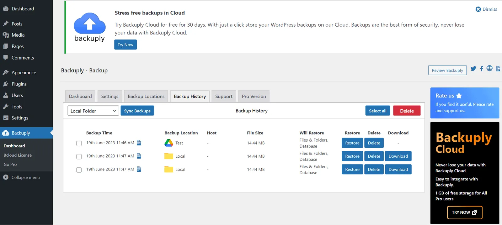 Backuply list backups
