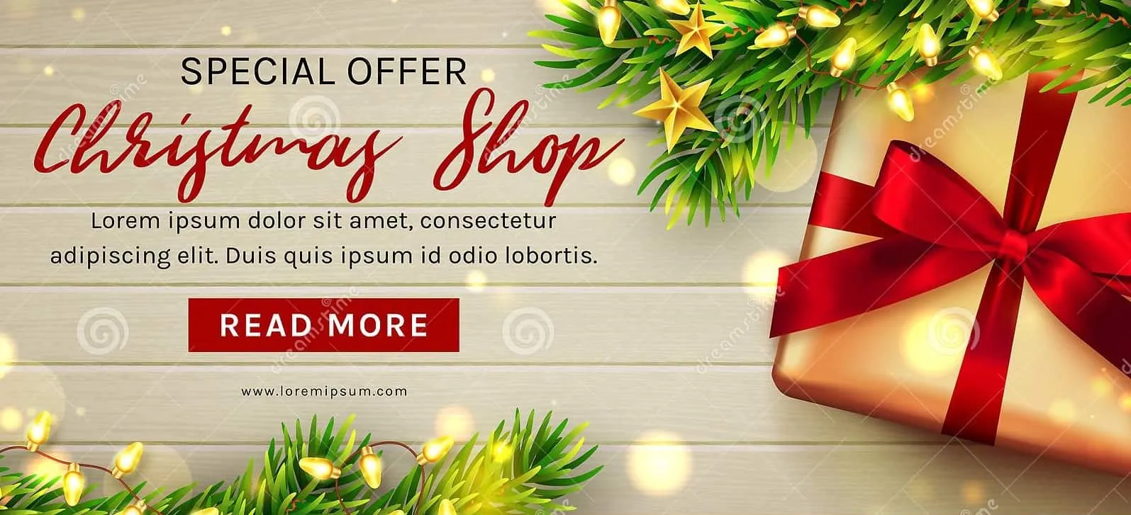 Christmas shop special offer banner with a wrapped gift and Read more button