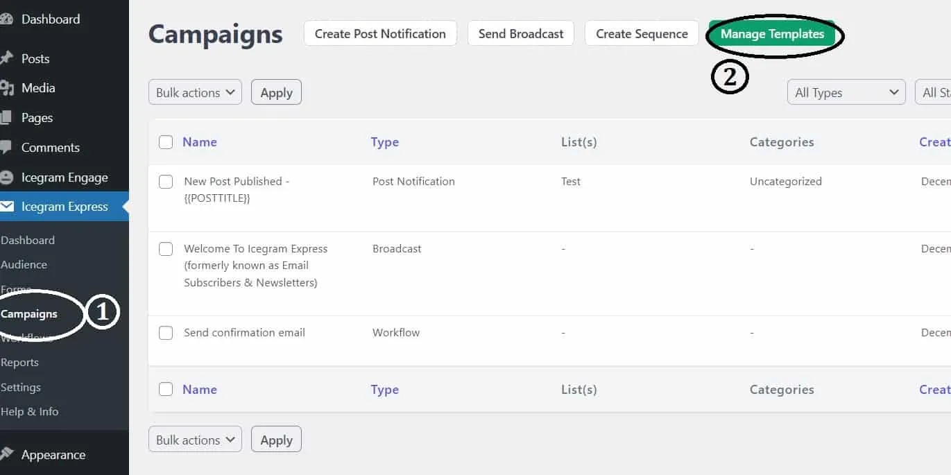 Icegram Express Campaigns screen with the Manage Templates button highlighted