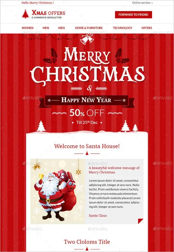 Merry Christmas and Happy New Year newsletter announcing a 50% off sale