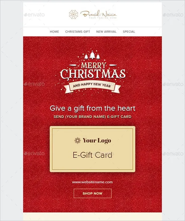 Christmas gift card newsletter with an e-gift card and Shop now button