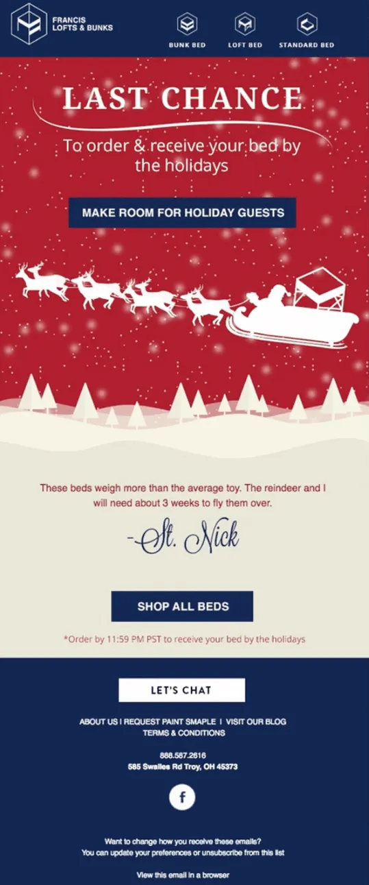 Last chance holiday newsletter with a Shop all items button