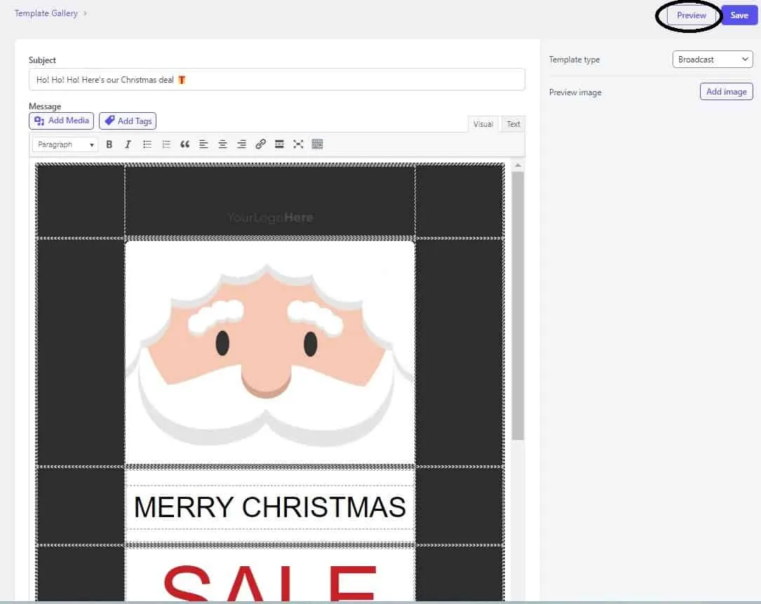 Editing a Christmas sale newsletter template in Icegram Express