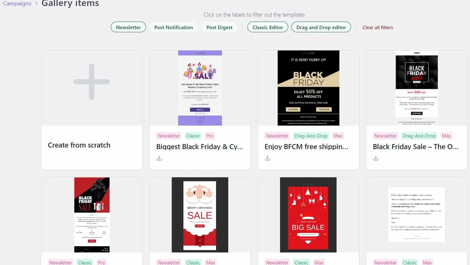 Icegram Express template gallery showing Black Friday and Christmas newsletter templates