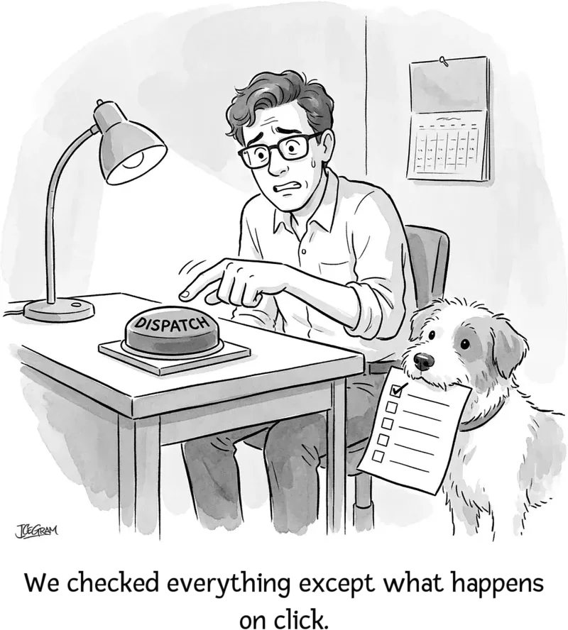 Theo hesitates over a dispatch button while Biscuit holds an incomplete checklist.