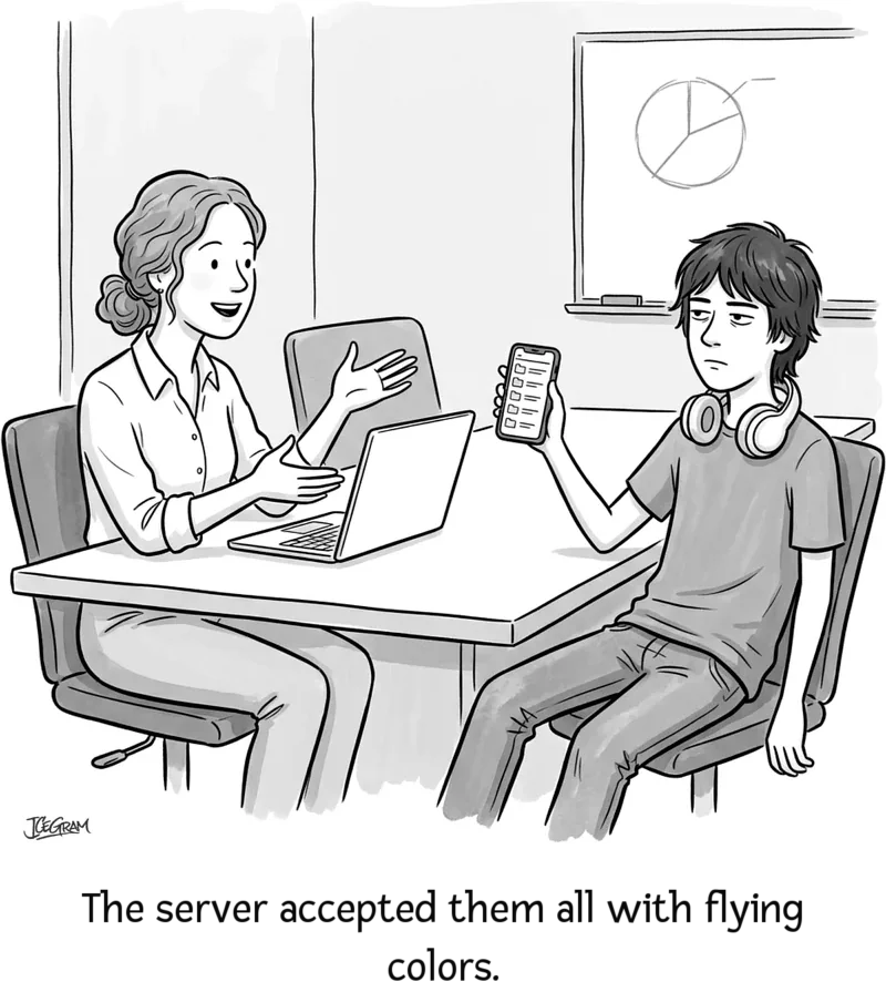 A marketer celebrates server delivery metrics while a teammate points to spam folder messages.
