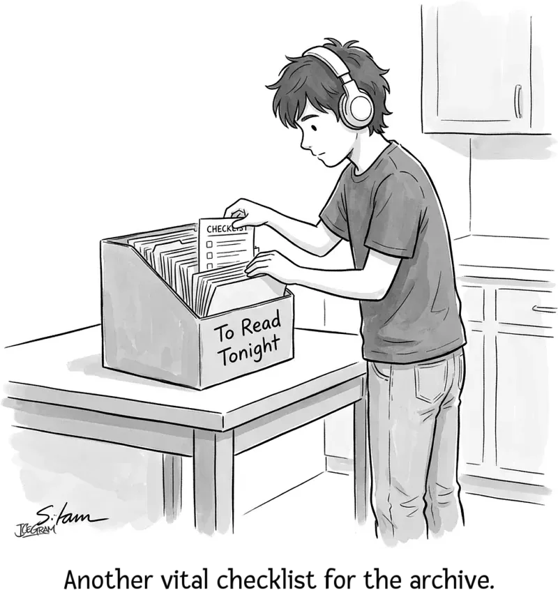 Sam files a printed checklist into an already overflowing desk organizer.