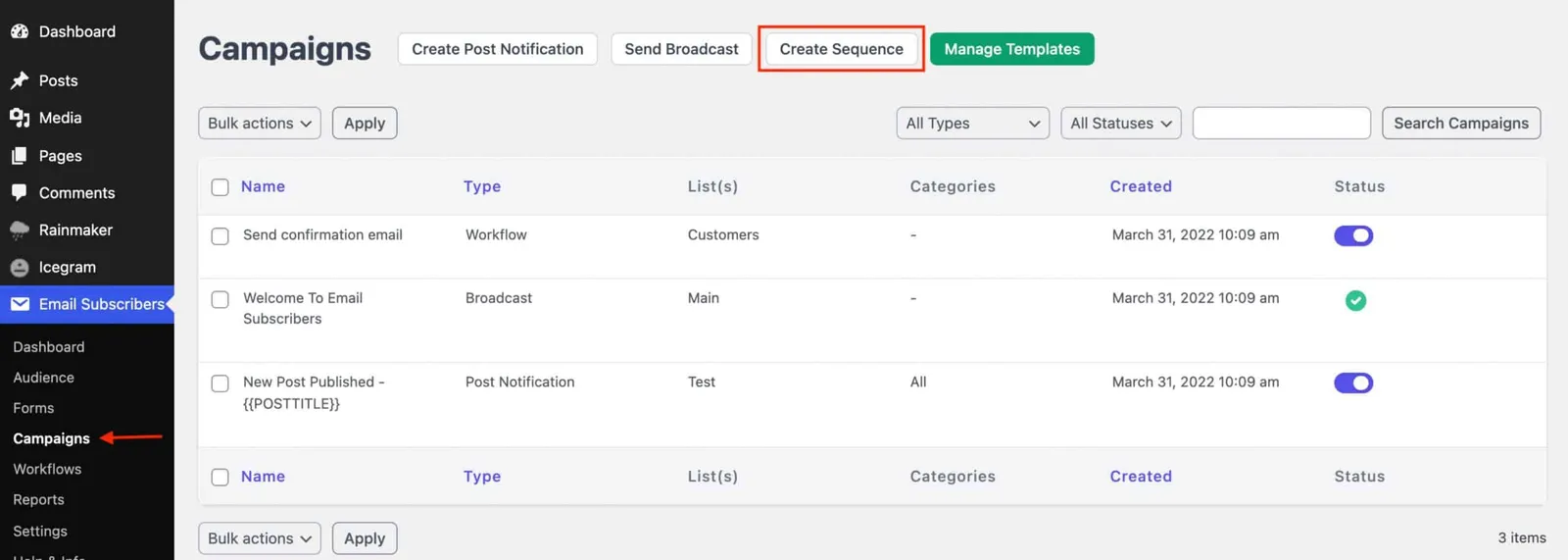 Icegram Express Campaigns screen with the Create Sequence button highlighted
