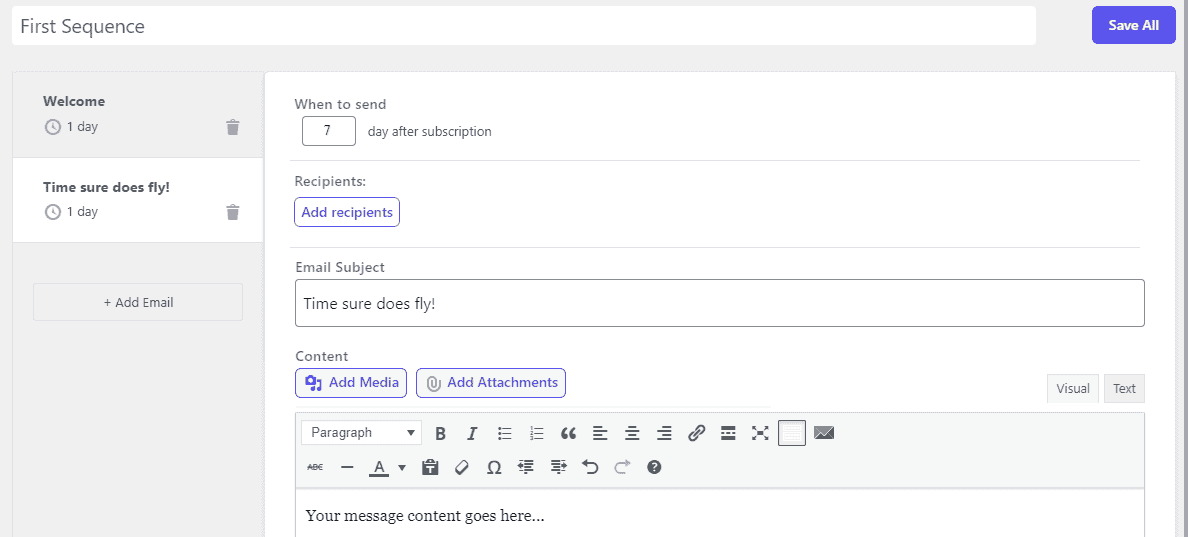 Setting up the first email of a sequence in Icegram Express