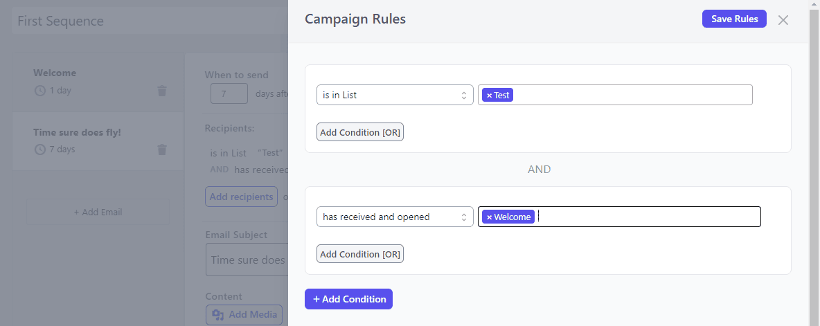Adding campaign rules to a sequence in Icegram Express