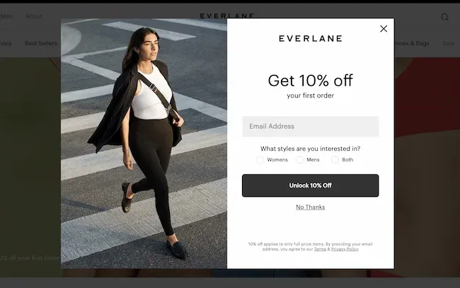 Everlane exit-intent discount popup example