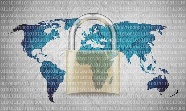 Padlock over a world map on a background of binary code