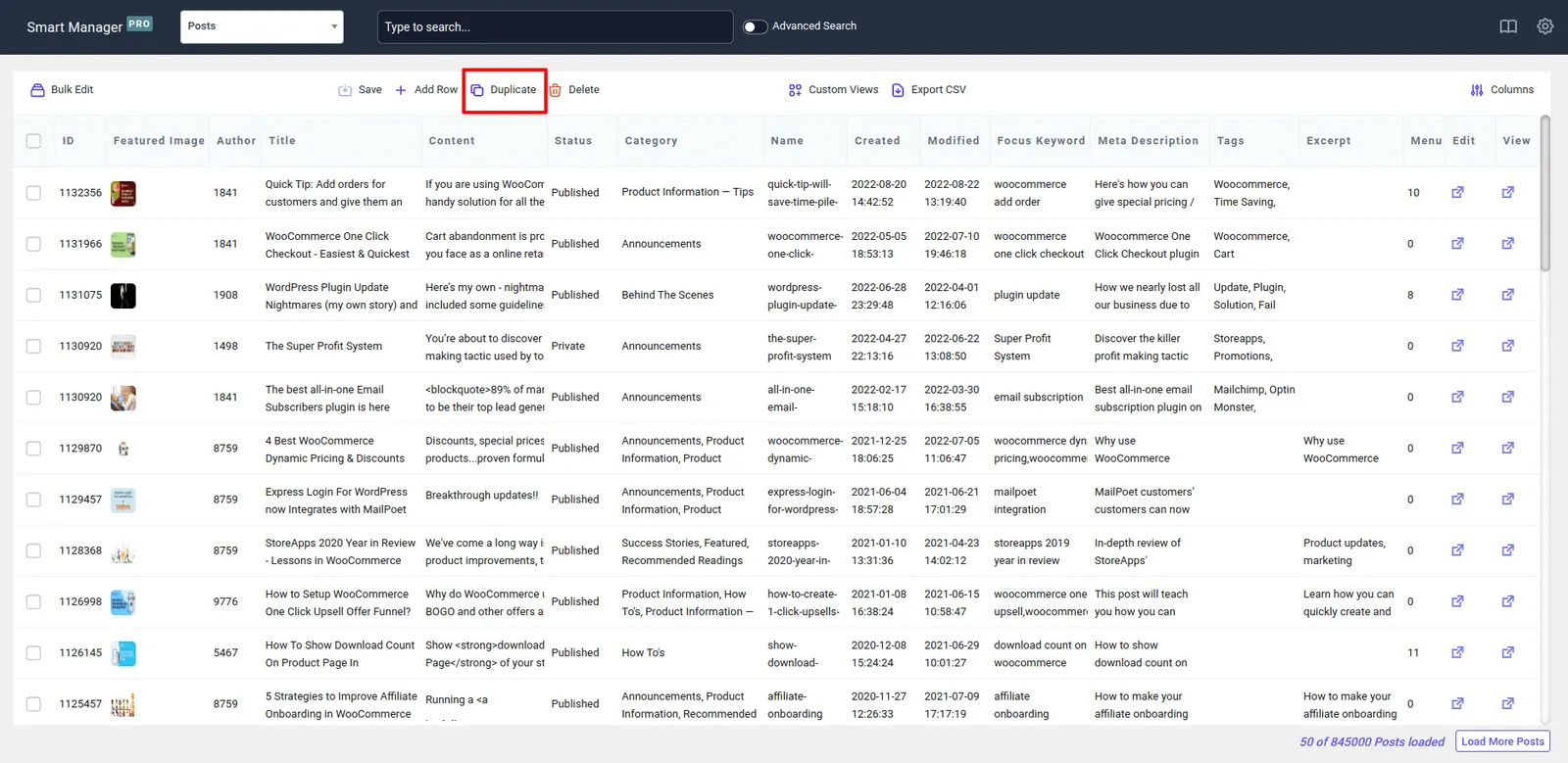 Smart Manager Posts dashboard duplicate option