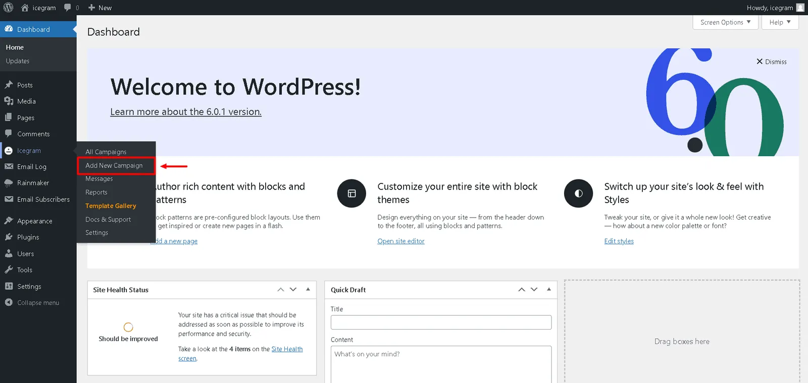 WordPress dashboard with the Add New Campaign menu item highlighted