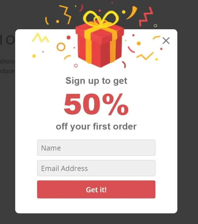 Exit-intent popup offering 50% off the first order for signing up