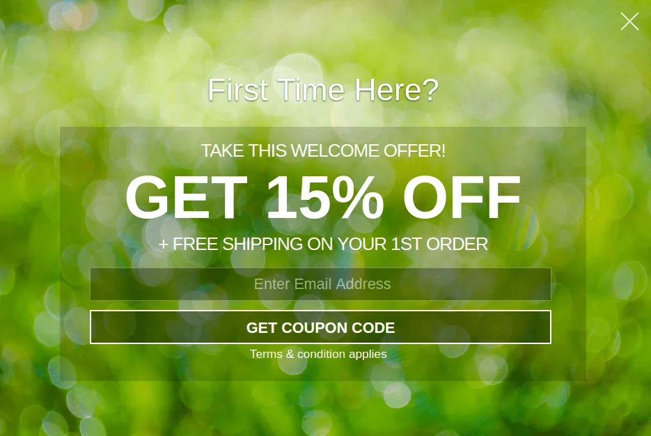 Fullscreen overlay offering 15% off and free shipping on the first order