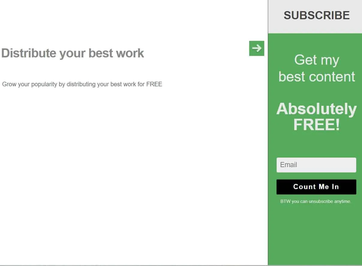 Sidebar subscription form offering the best content for free