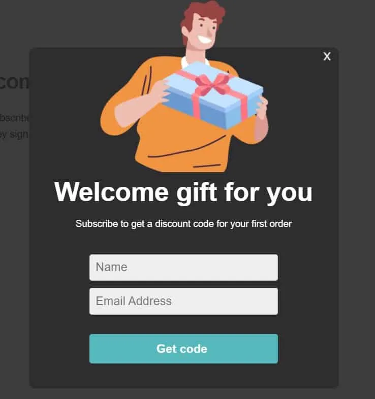 Welcome gift popup asking for name and email in exchange for a discount code