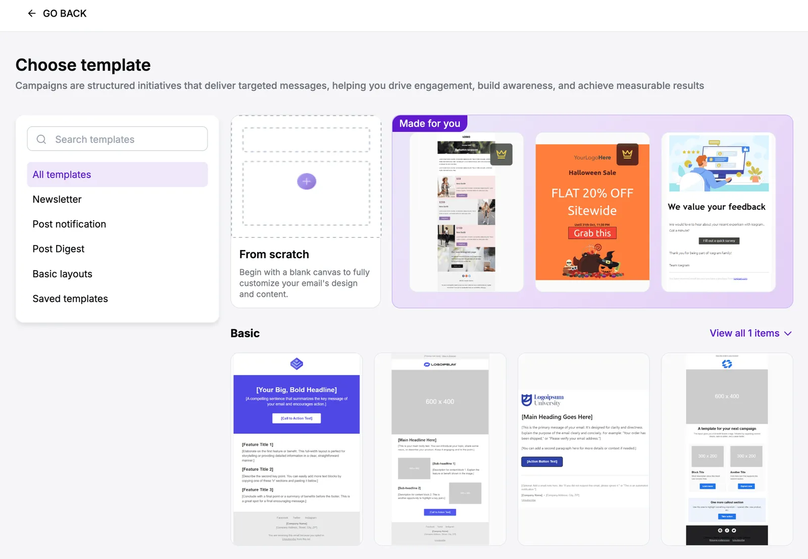 Icegram Express template gallery for choosing a campaign template