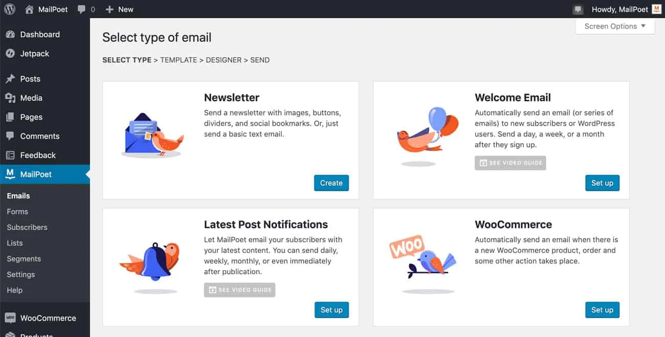 MailPoet screen for selecting the type of email to send