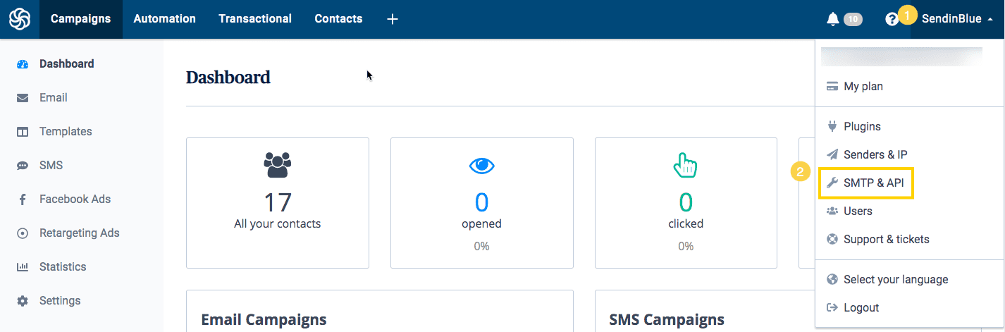 Sendinblue dashboard with the SMTP & API menu highlighted