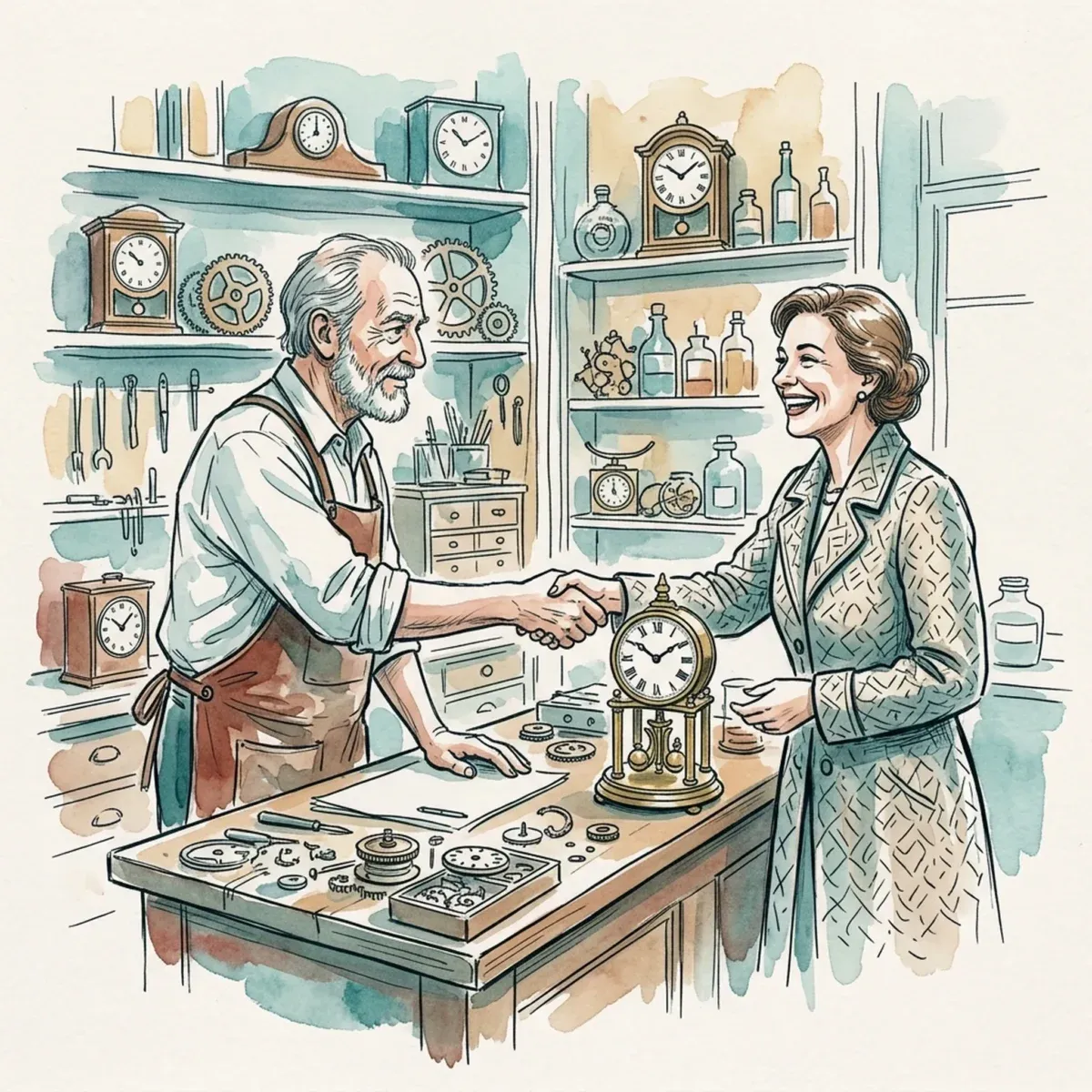 Illustration of two people shaking hands in a clockmaker’s shop