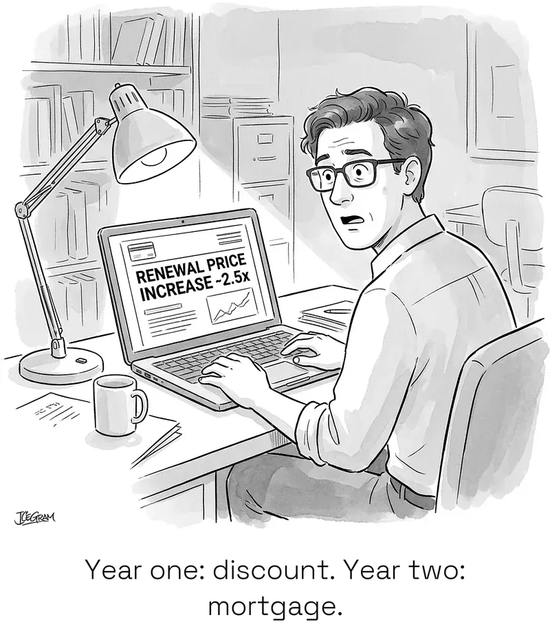 Single-panel cartoon of Theo staring wide-eyed at a laptop screen showing a 2.5x renewal price increase.