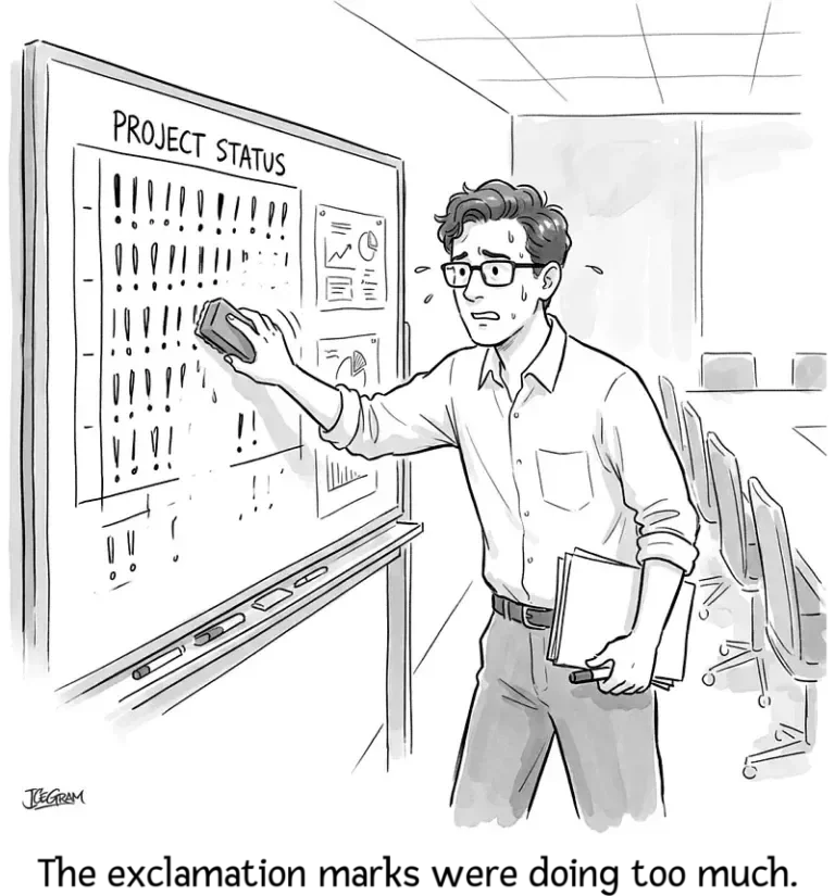 Theo nervously erasing extra exclamation marks off a meeting whiteboard.
