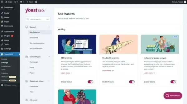 Yoast SEO site features settings in WordPress