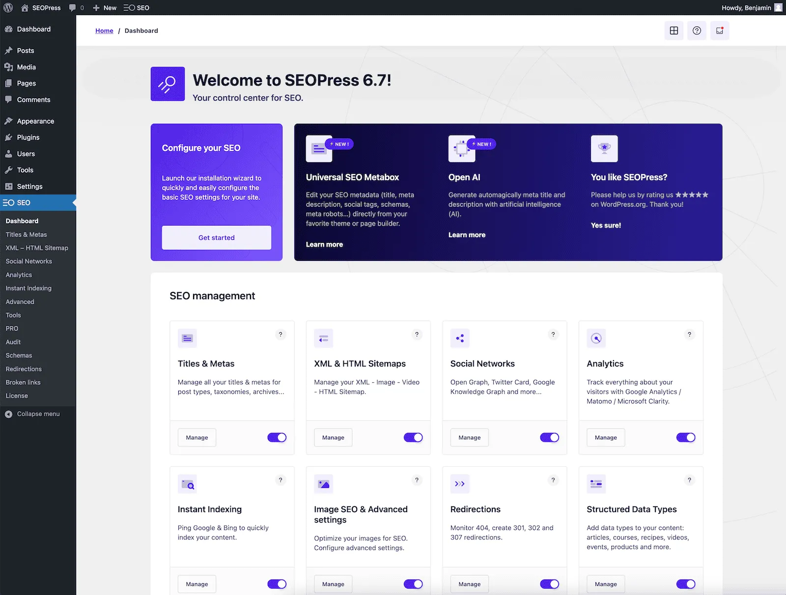 SEOPress dashboard in WordPress