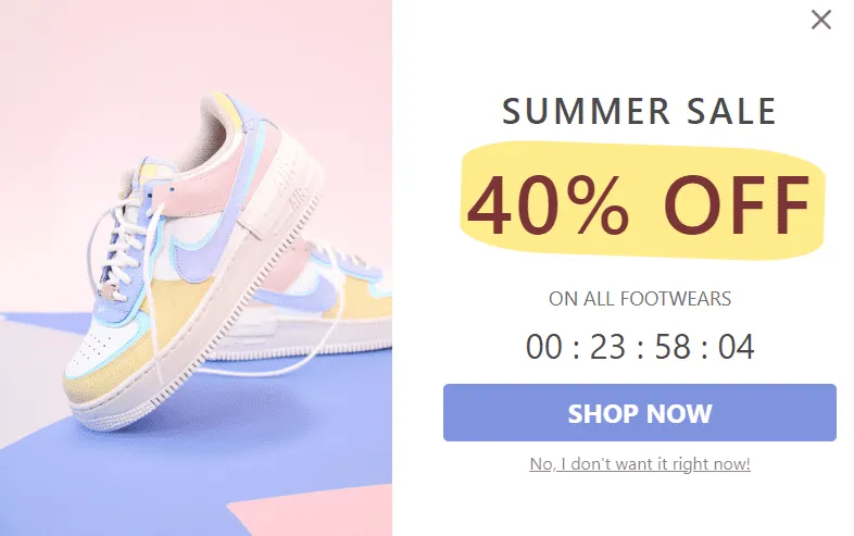 Summer sale popup offering 40% off footwear with a countdown timer and Shop now button