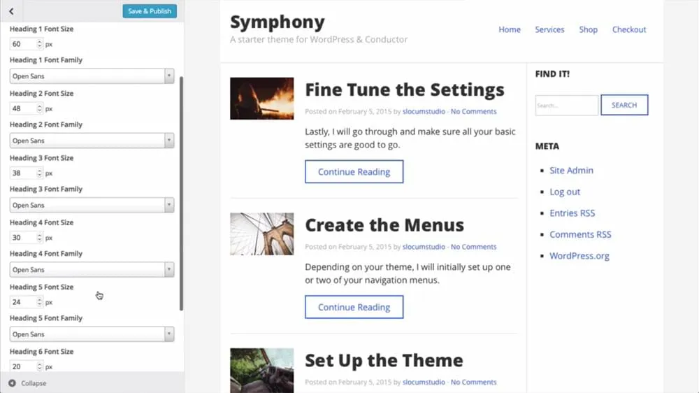 Conductor Page Builder settings beside a theme preview