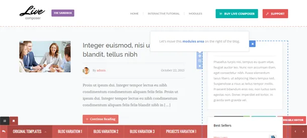 Live Composer page builder editing a blog page