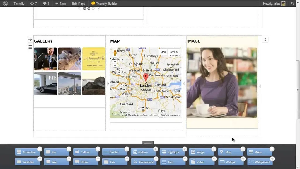 Themify Builder editing a page with gallery, map and image modules