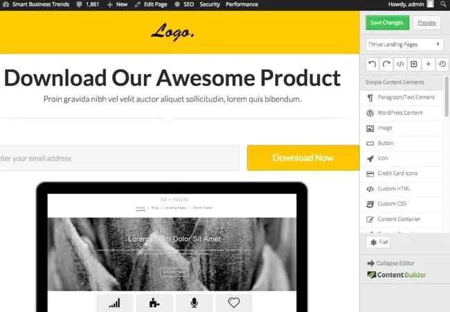 Thrive Content Builder editing a landing page