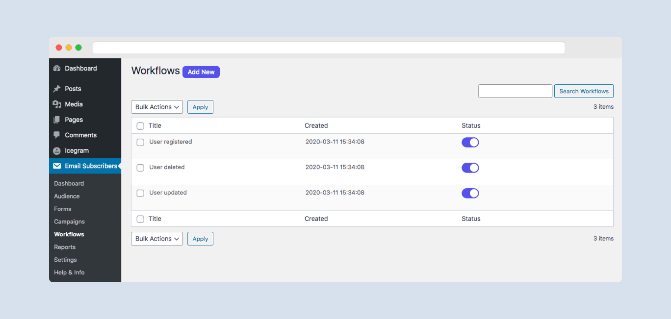 Icegram Express Workflows screen
