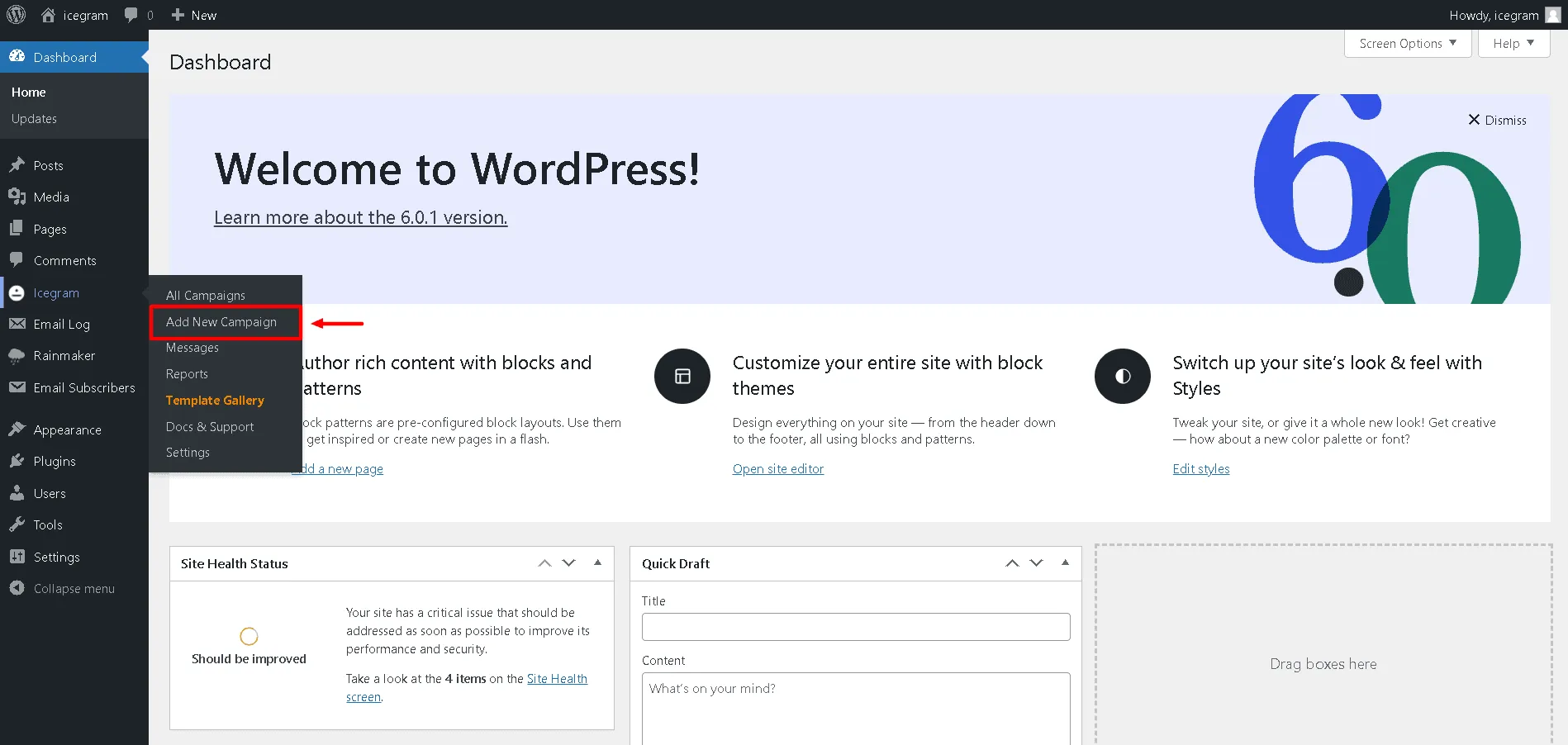 Add New Campaign button in Icegram Engage