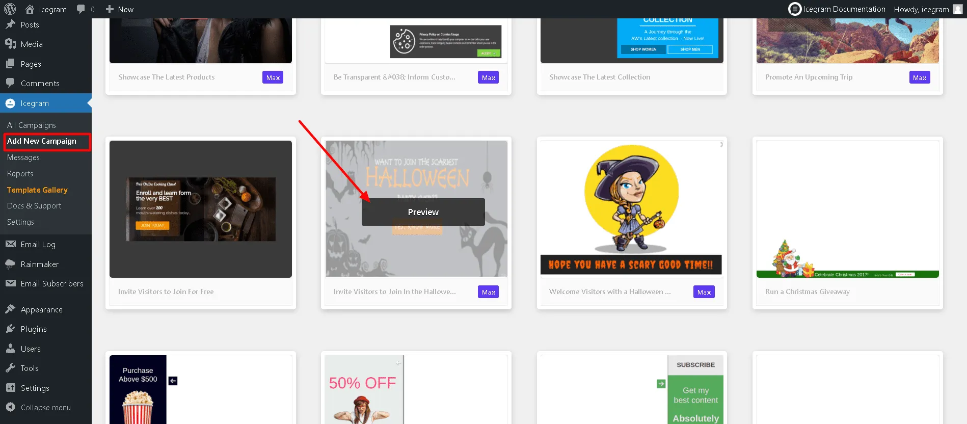 Select message template from gallery