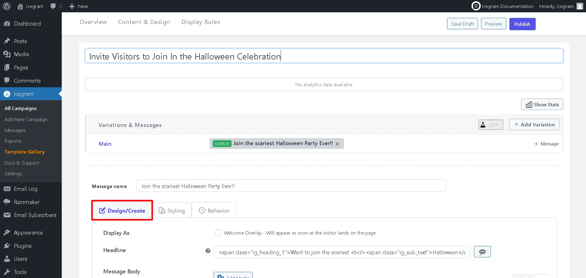 Configure message body and Call to Action button